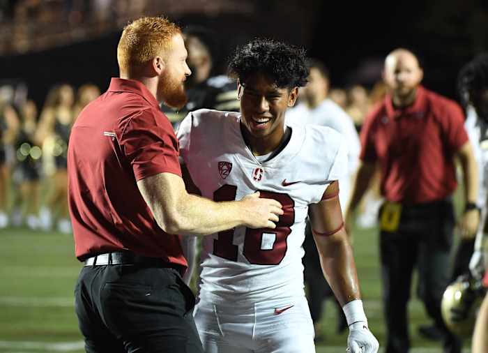 Stanford Cardinal cornerback Jimmy Wyrick (18) celebrates after a win against the Vanderbilt Commodores at Vanderbilt Stadium.